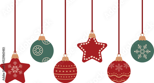 Set colorful retro flat craft Christmas ornaments are suspended from red strings showcasing various patterns Shapes perfect for holiday decorations isolated on transparent background Copy space