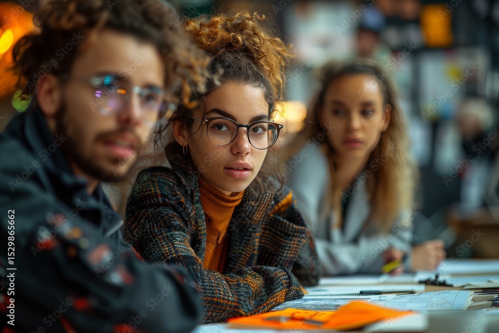 Obraz premium A group of three young individuals engaged in brainstorming and creative discussions, showcasing teamwork and innovation in a vibrant office environment.