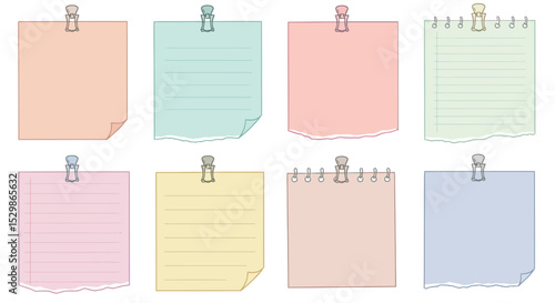 Colorful assorted blank note papers with clips and patterns vector illustration