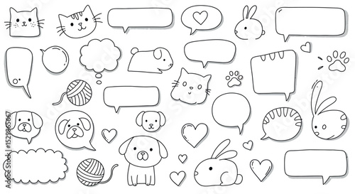 Cute cartoon animals and speech bubbles with blank expression balloons vector illustration