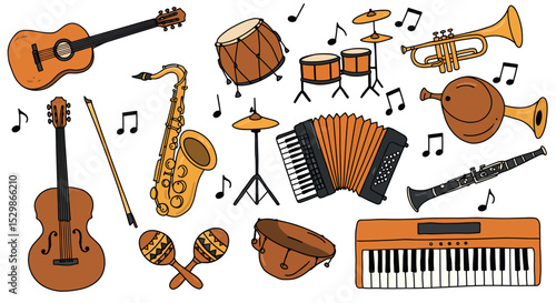 Colorful collection of musical instruments with notes vector illustration