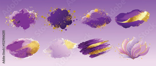Luxurious Purple & Gold Watercolor Elements: Splashes, Brush Strokes & Lotus for Digital Design