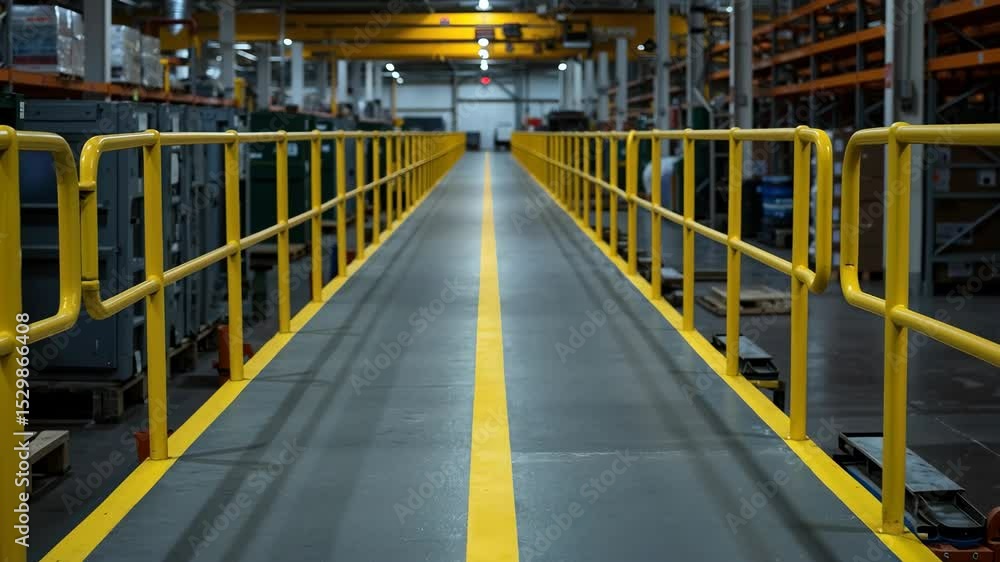 Industrial warehouse with yellow safety railings along elevated walkway ...