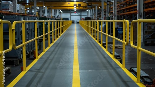 Industrial warehouse with yellow safety railings along elevated walkway platform. Bright protective barriers ensuring worker security in manufacturing facility. Workplace safety for construction