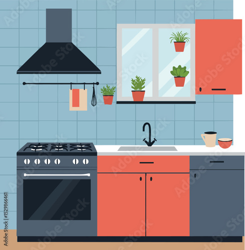 Modern kitchen interior with stove sink cabinets and window plants vector illustration 