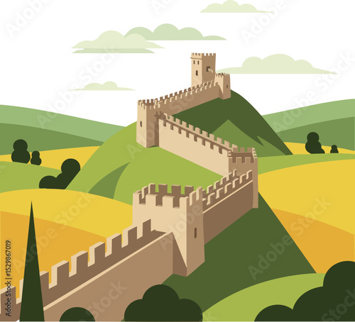 Great Wall of China landscape with hills and vegetation in green and yellow colors vector illustration 
