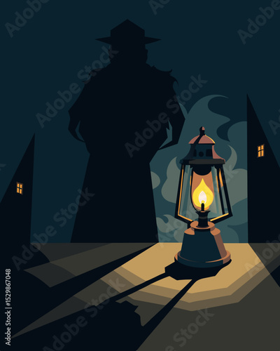 In the presence of the gaslight the shadow seemed to grow larger and darker a sinister force that threatened to engulf all those who fell under its influence.. Vector illustration