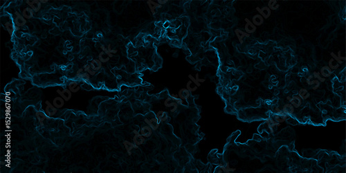 Abstract background with swirling, cloud-like textures in deep black and vibrant neon blue. Electric plasma or smoke tendrils, forming glowing, intricate, organic shapes. Suitable for technology, spac