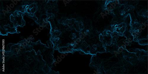 Abstract background with swirling, cloud-like textures in deep black and vibrant neon blue. Electric plasma or smoke tendrils, forming glowing, intricate, organic shapes. Suitable for technology, spac