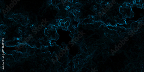 Abstract background with swirling, cloud-like textures in deep black and vibrant neon blue. Electric plasma or smoke tendrils, forming glowing, intricate, organic shapes. Suitable for technology, spac