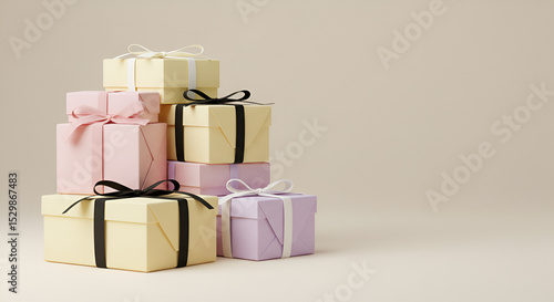 A stack of pastel colored gift boxes tied with ribbons on a neutral background in studio lighting