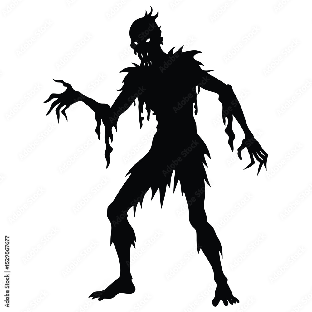 Fototapeta premium Silhouette of a menacing zombie with jagged edges and a terrifying expression on a white background