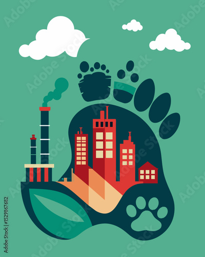 A giant footprint made up of factory smokestacks and landfills symbolizing the impact of industrial pollution on the environment.. Vector illustration