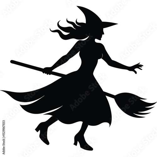 Silhouette of a witch flying on a broomstick isolated on a white background