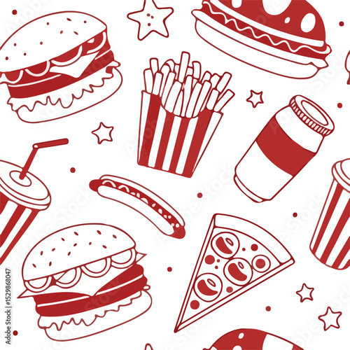 Fast Food Doodle Pattern - Burger, Pizza, Fries, Soda Illustration background 

