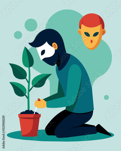 A with a mask pretending to be a persons friend while constantly planting seeds of doubt and mistrust gradually corrupting their relationships and emotions.. Vector illustration