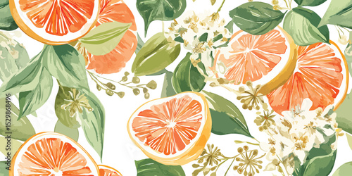Vibrant Watercolor Orange Citrus Fruit Seamless Pattern. Fresh Botanical Leaf Design for trendy design, textile, packaging, fabric, wallpaper, branding, stationery, wrapping paper interior decor.