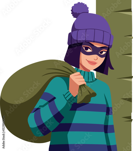 Young female burglar carrying sack in striped sweater and purple beanie vector illustration 