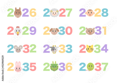 十二支動物の顔と年のベクターイラストセット