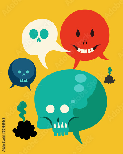 A toxic speech bubble expanding in size overpowering and silencing the other voices in the conversation with its hateful language.. Vector illustration