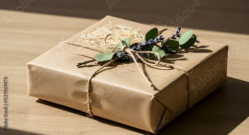 A square gift wrapped in brown paper with string and lavender sprigs on a wooden surface in sunlight