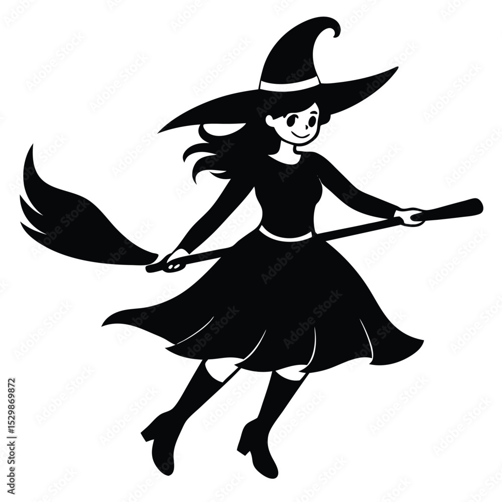 Whimsical black silhouette of a witch flying on a broomstick for halloween celebrations Whimsical black silhouette of a witch flying on a broomstick for halloween celebrations