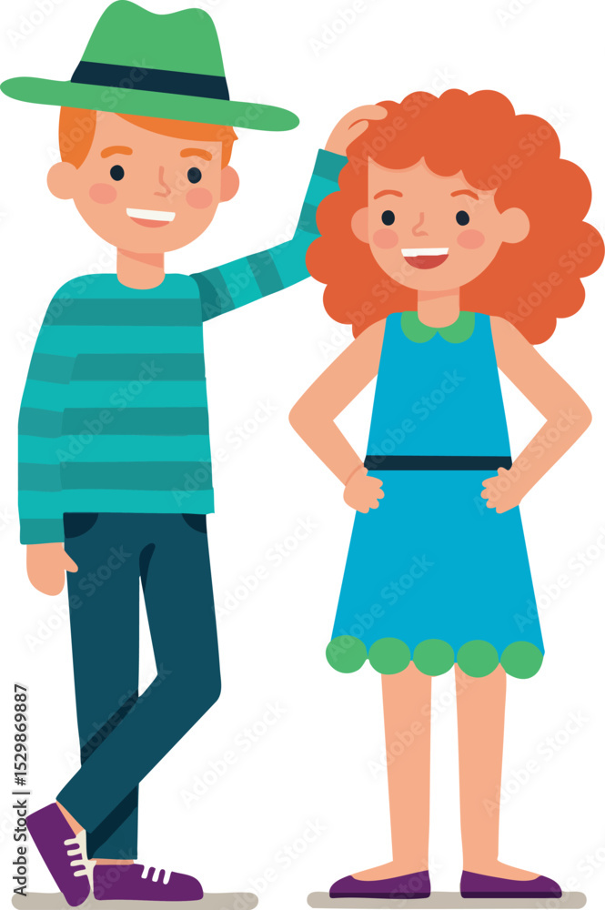 Boy wearing green hat and striped shirt with smiling girl in blue dress vector illustration Boy wearing green hat and striped shirt with smiling girl in blue dress vector illustration