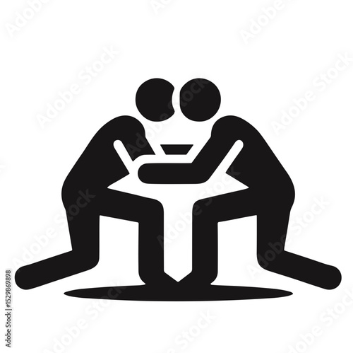Bold black vector of two arm wrestlers competing at a table in dynamic pose on transparent background for strength sports and competition branding