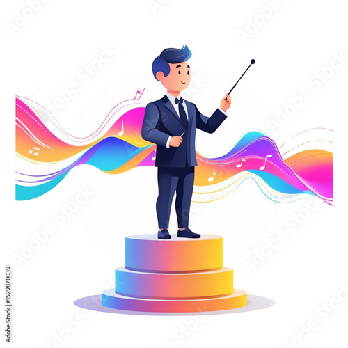 Elegant AI conductor standing on a pedestal, conducting colorful data waves. Concept of artificial intelligence orchestrating information, technology, and creativity.