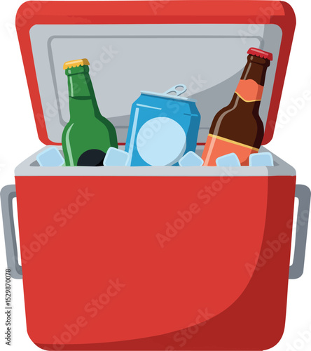 Red Cooler Box with Bottles and Can of Drinks for Outdoor Leisure Activities 