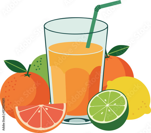 Glass of orange juice with citrus fruits including lemon lime grapefruit and orange vector illustration 