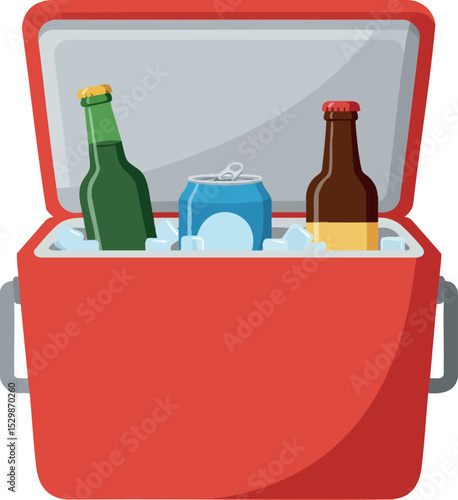 Portable red cooler with ice and assorted bottled drinks for outdoor activities vector illustration 