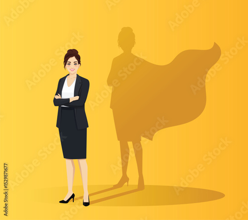 Confident business woman with crossed arms and superhero shadow behind her. Vector illustration on yellow background