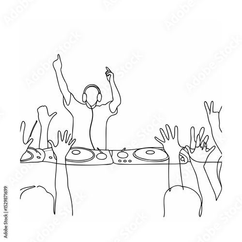 Dj entertaining energetic crowd with music line art illustration vector design