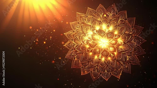 Elegant golden mandala animation with shimmering particles and light rays background