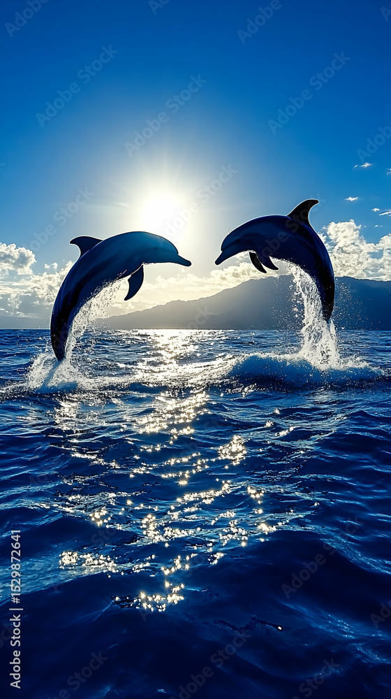 Obraz premium Dolphins leaping ocean sunset