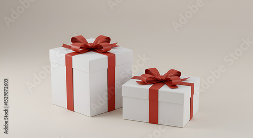 Two white gift boxes with red ribbons and bows on a light beige background in a studio setting