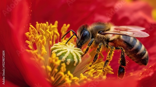 A bee pollinating a vibrant red flower in close up view