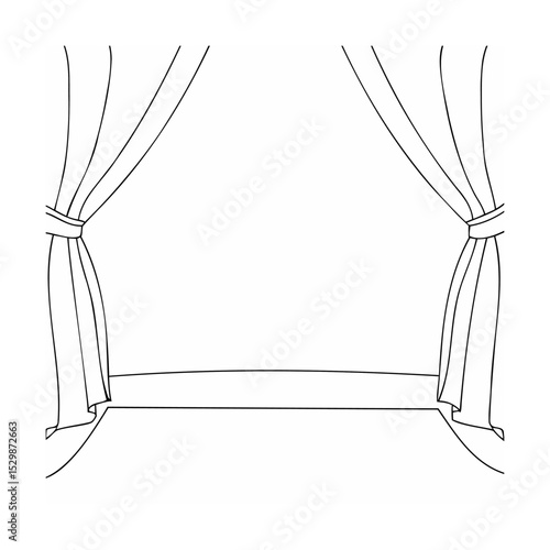 Simple line drawing illustration of an open window with curtains for design elements