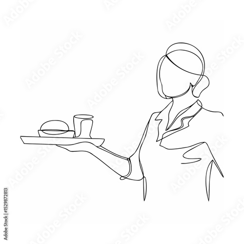 Elegant one line drawing of a waitress carrying a tray with food and beverages