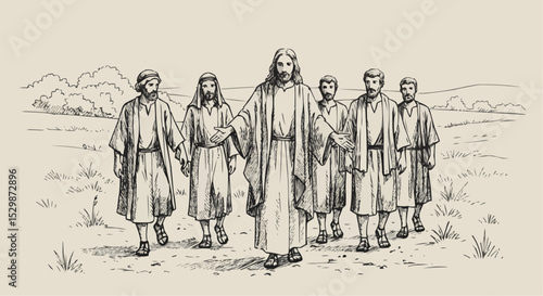 illustration of jesus christ walking with his apostles, in black and white