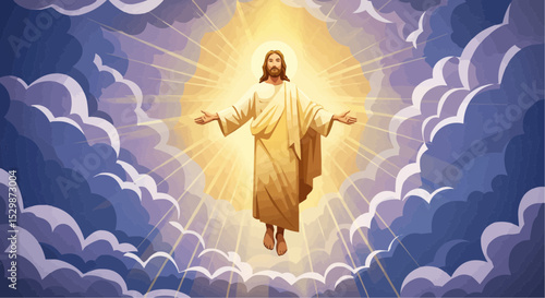illustration of jesus christ, illuminated, ascending to heaven