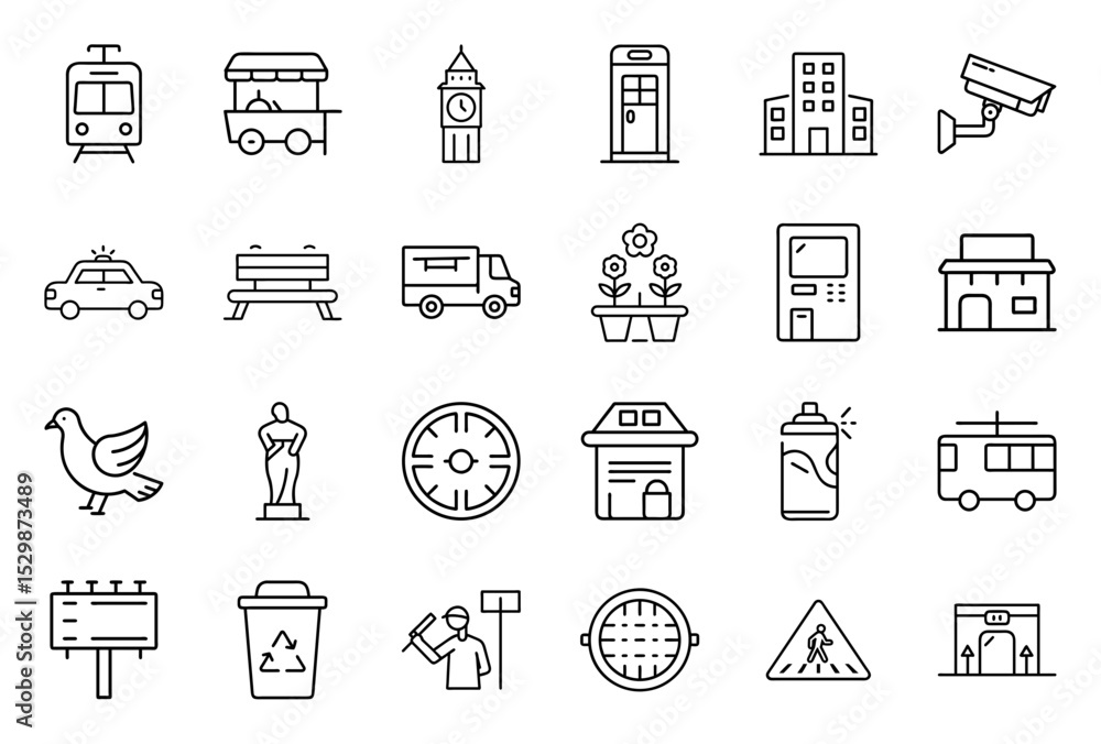 Urban icons depicting public transport, buildings, and amenities Urban icons depicting public transport, buildings, and amenities