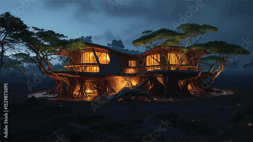Enchanted Treetop House Nighttime Architectural Design