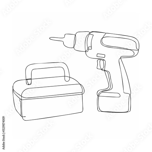 Single line drawing of a drill and tool box representing home improvement and construction