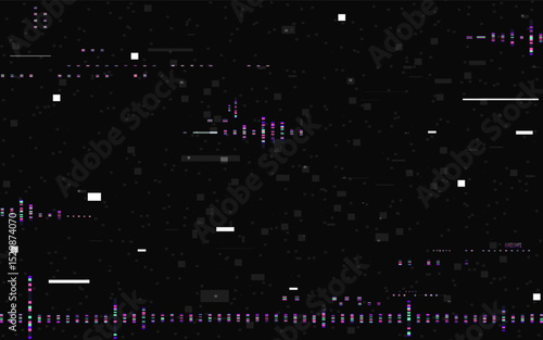Glitch background with colorful digital noise, pixel distortion and futuristic effects. Distorted texture for cyberpunk, tech or sci-fi project. Overlay video stripes. Vector Illustration.