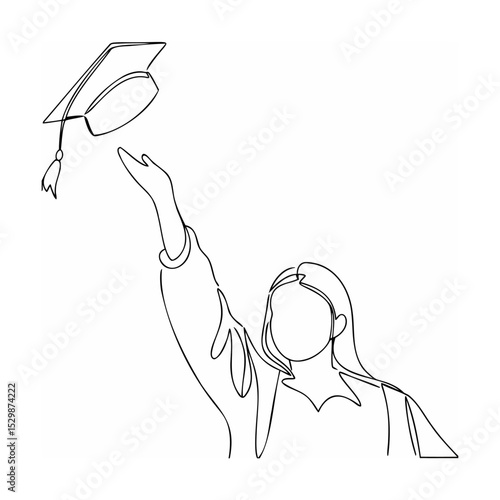 Graduation celebration depicted in continuous line art with cap tossed in the air