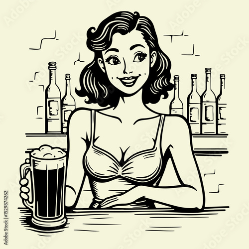 Black and white flat vector illustration of a sexy female bartender with deep neckline serving beer in a glass mug at the bar. Vintage logo-style, ideal for pub or Oktoberfest design.