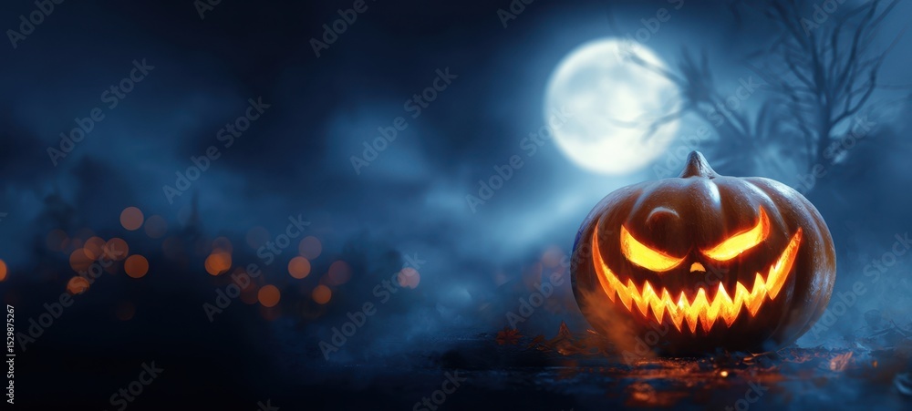 Naklejka premium The glowing pumpkin illuminates a spooky Halloween night scene.