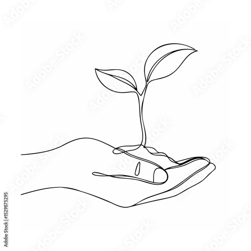 Minimalist continuous line drawing of a hand holding a growing plant representing nature